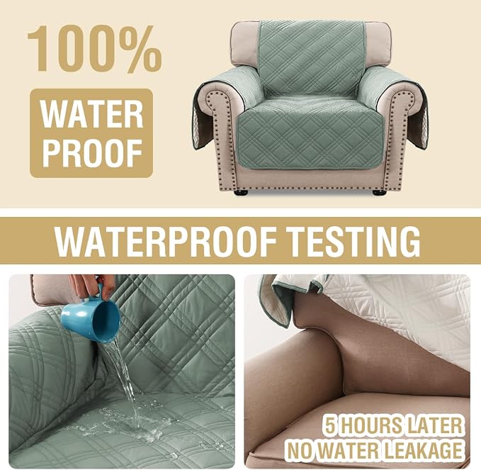 H.VERSAILTEX 100% Waterproof Chair Slipcover Modern Armchair Covers Furniture Protector Cover with Elastic Straps for Pets Kids Children Dog Cat(Chair, Lily Pad/Beige)