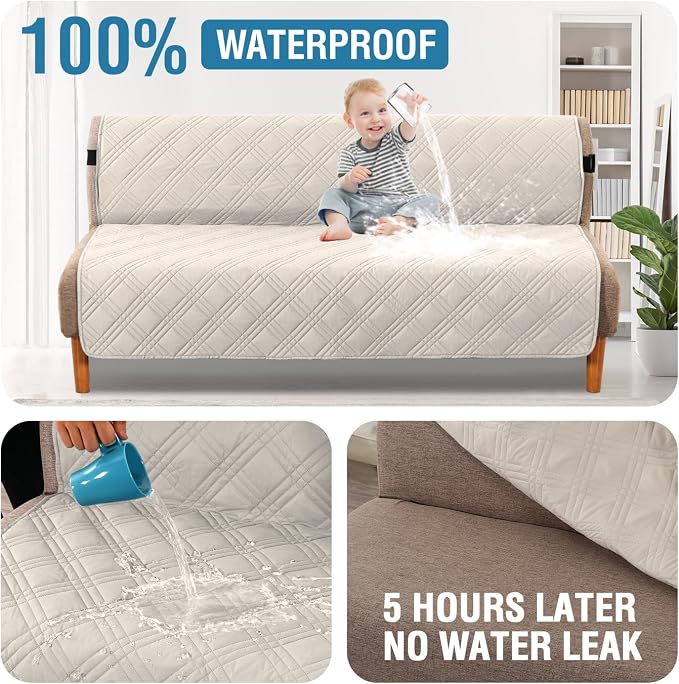 H.VERSAILTEX 100% Waterproof Futon Couch Cover Reversible Sofa Slipcovers Armless Daybed Cover Soft Thicken Sofa Bed Cover for Dog with Adjustable Elastic Strap Non-Slip, French Oak/Beige