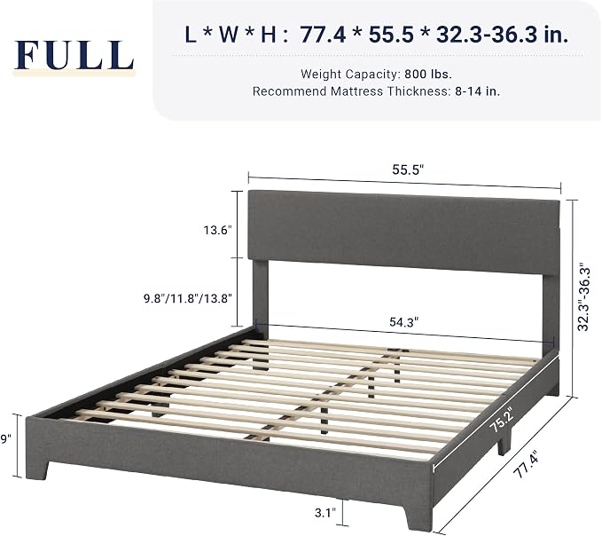 Allewie Full Size Upholstered Bed Frame Adjustable Headboard, Dark Grey | Platform Bed with Heavy Duty Mattress Foundation, Noise-Free, Easy Assembly, Wood Slat Support, No Box Spring Needed