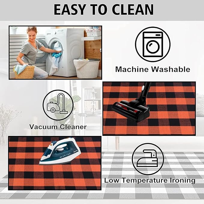Orange and Black Plaid Rug, 24'' x 51'' Fall Outdoor Front Door Decor Mat, Cotton Washable Hand-Woven Rug for Layered Doormat, Autumn Halloween Thanksgiving Carpet for Porch, Entryway