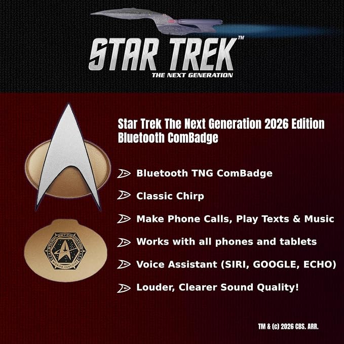 FAMETEK Star Trek Next Generation TNG Bluetooth ComBadge | Connect the TNG Communicator to your phone or PC for calls and texts, Cosplay with Chirping Sound Effect or Home Automation