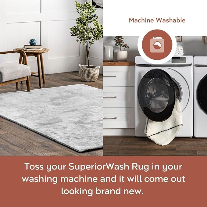 nuLOOM 6' x 9' Cozy Plush SuperiorWash Area Rug, Machine Washable, Non-Slip, Soft Fluffy Shag Carpet for Living Room Bedroom Kids Room Nursery Home Decor, Loni Light Grey