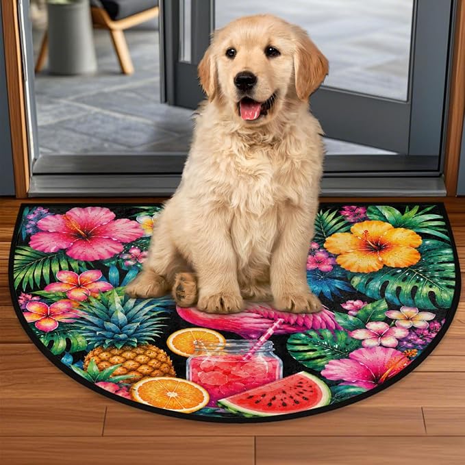 Flamingo Half Round Rug Half Moon Door Mat Half Circle Rugs | Tropical Flowers Washable Non-Slip Semi Circle Rug Welcome Half Round Door Mat Indoor Entrance Bedroom Living Room Decor B797