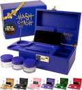 The OG Storage Box - Large Bamboo Box with Combination Lock, Magnetic Lid, Organizer Tray, Airtight Tube and 3 Jars - Discreet Decorative Locking Wooden Box with Accessories (Royal Blue/Gold)