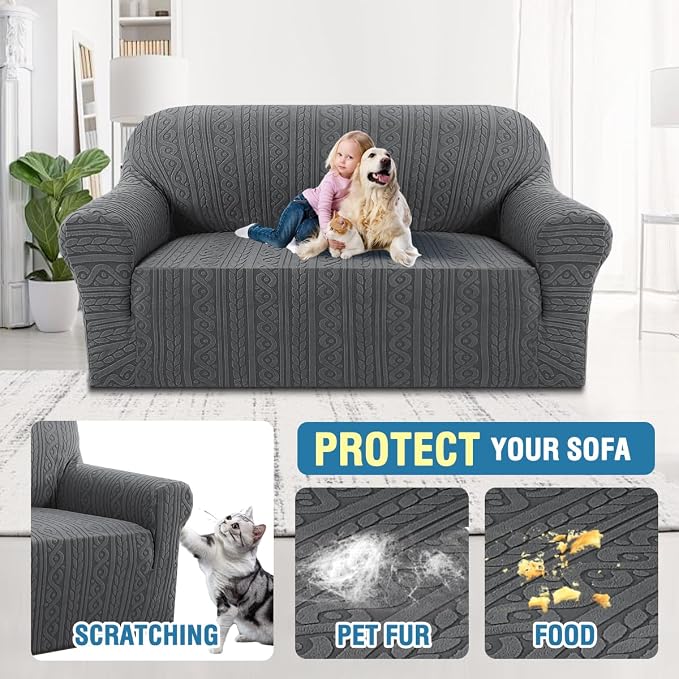 H.VERSAILTEX Couch Cover 1 Piece Stretch Sofa Covers Washable Furniture Covers Anti-Slip Soft Dogs Slipcovers Washable Upgrade Thick Jacquard Fabric with Spiral Pattern(58"-70", Grey)