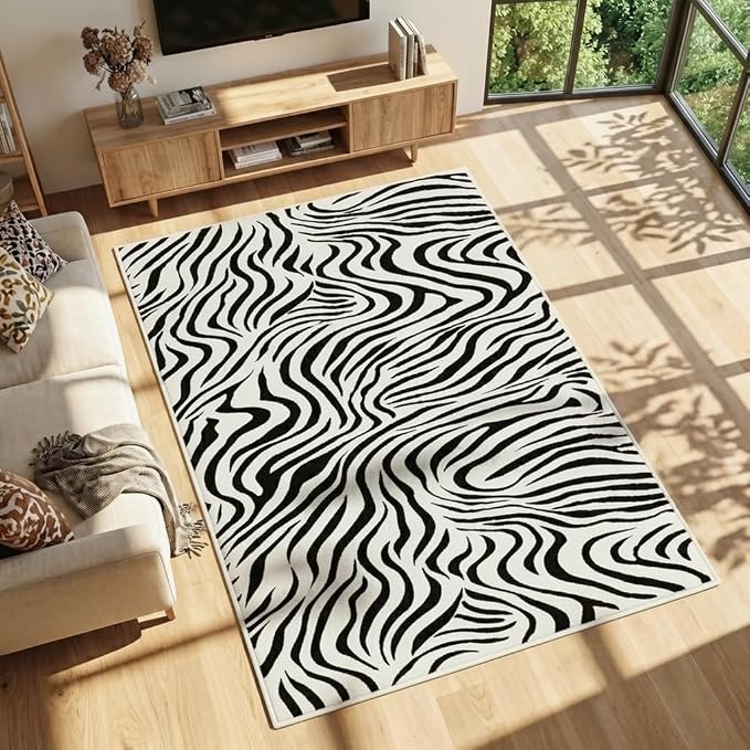 Zebra Print Rug, 5x7, Black and White Animal Print Rug, Modern Abstract Design, Non-Slip TPE Backing, Low-Pile, Washable and Easy-to-Clean, Suitable for Living Rooms, Bedrooms, and Home Offices