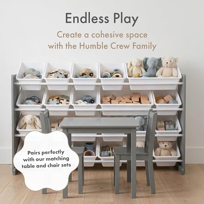 Humble Crew Kids Toy Organizer with 20 Bins, 4 Tier Storage for Playroom | Sturdy wood and steel toddler shelf, removable BPA-free containers, wall anchor anti-tip safety kit for bedroom or classroom