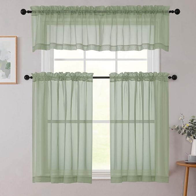 Kitchen Curtains 24 Inch Length Tier 2 Pieces, Sage Green Sheer Curtain Solid - Image 8