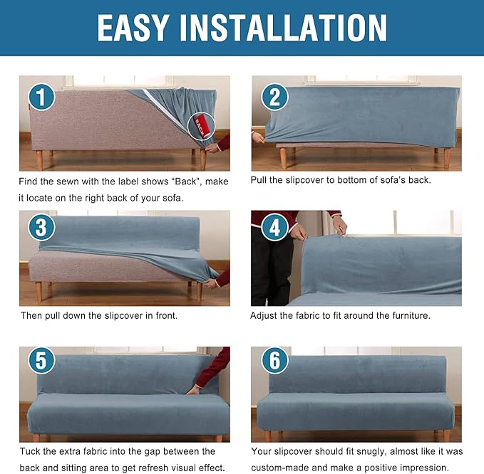 H.VERSAILTEX Real Velvet Futon Cover Armless Sofa Covers Sofa Bed Covers Stretch Futon Couch Cover Sofa Slipcover Furniture Protector Thick Soft Velvet Fabric Form Fitted Stay in Place, Stone Blue