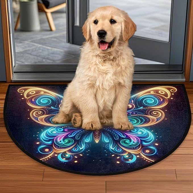 Pardick Half Round Doormat Glowing Animals Butterfly Semi Circle Rug Non Slip Indoor Outdoor Entrance Half Moon Rug Washable Front Floor Mat for Kitchen Bathroom Patio Fireplace Holiday Decor