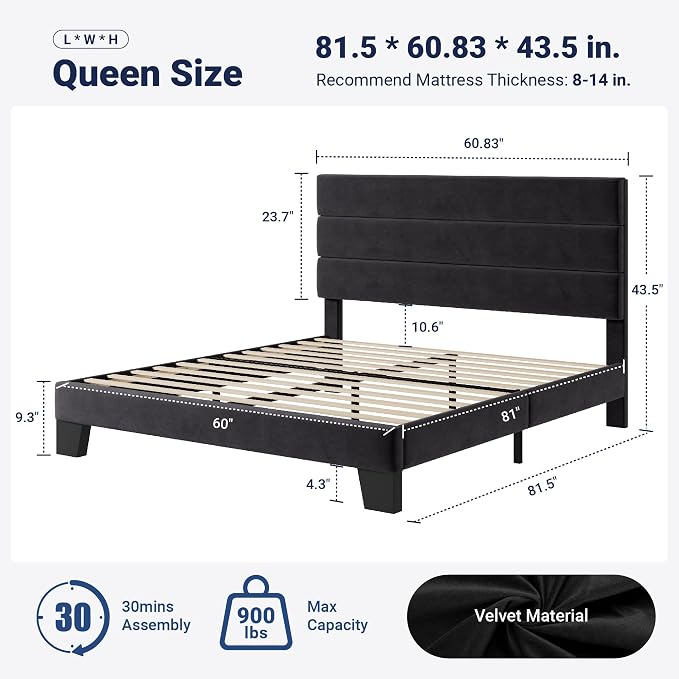 Allewie Queen Size Platform Bed Frame with Velvet Upholstered Headboard | Wooden Slats Support, Fully Upholstered Mattress Foundation, No Box Spring Needed, Easy Assembly, Noise-Free, Black