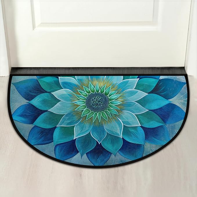 Teal Mandala Half Round Door Mat Non Slip Half Circle Rugs | Ethnic Flower Washable Half Moon Rug Semi Circle Rugs Indoor Entrance Floor Carpet for Kithen Bedroom Fireplace Decor