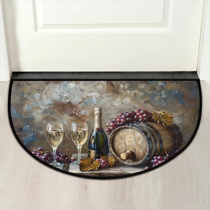 Wine Half Round Doormat Non-Slip Semi Circle Rug Half Moon Mat | Grey Painting Fruit Washable Soft Absorbent Indoor Outdoor Entrance Kitchen Bathroom Sink Patio Welcome Fireplace Floor Rug
