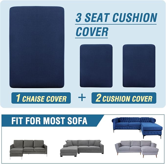 H.VERSAILTEX Sectional Couch Covers 3 Pieces Sofa Seat Cushion Covers L Shape Separate Cushion Couch Chaise Cover for Both Left/Right Sectional Couch (Seat Only: 1 Chaise + 2 Sofa, Navy)