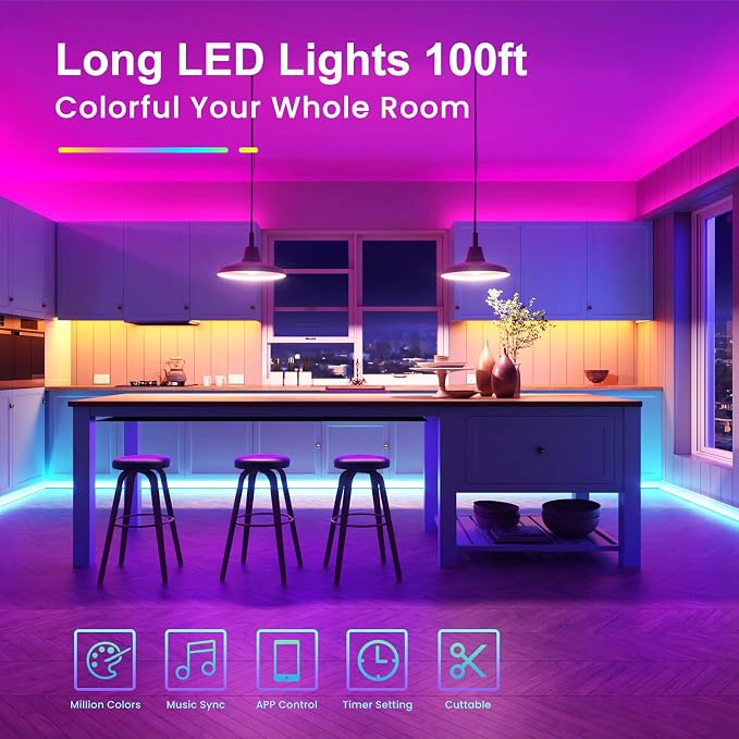 TJOY LED Lights for Bedroom 100ft, RGB Color Changing Strip Lights Indoor | Music Sync Rope Lights via Bluetooth for Room Decor, Strong Adhesive, DIY