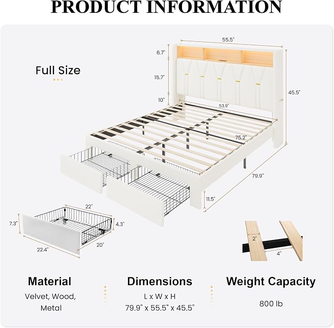 SHA CERLIN Full Velvet Platform Bed Frame with 2 Storage Drawers, LED Storage Headboard with Charging Station, Upholstered Wingback Headboard, Noise-Free, No Box Spring Needed, Easy Assembly, White