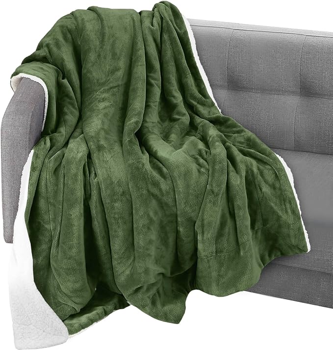 Elegant Comfort Throw Blanket, Reversible Sherpa Flannel, Ultra-Soft, Fuzzy, Cozy and Plush- All Season Lightweight Decorative Throw, 50 x 60 inches, Solid Sherpa Throw, Sage