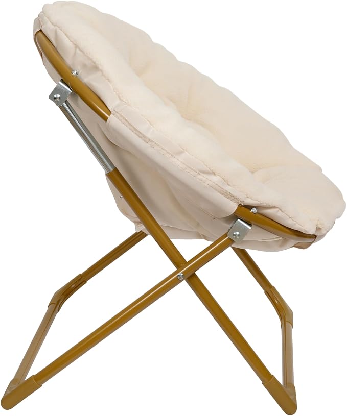 Flash Furniture Kids 23 Inch Folding Saucer Chair, Ivory Faux Shearling | Soft Gold Frame, Portable