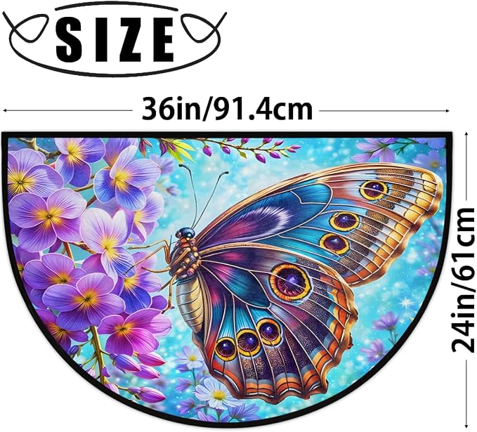 Colorful Butterfly Purple Flower Half Round Mat Half Moon Door Rug Washable Durable Semi Circle Carpet Floor mats for Indoor Outdoor Bathroom Kitchen Patio Hearth Rug Laundry Room Home Decoration