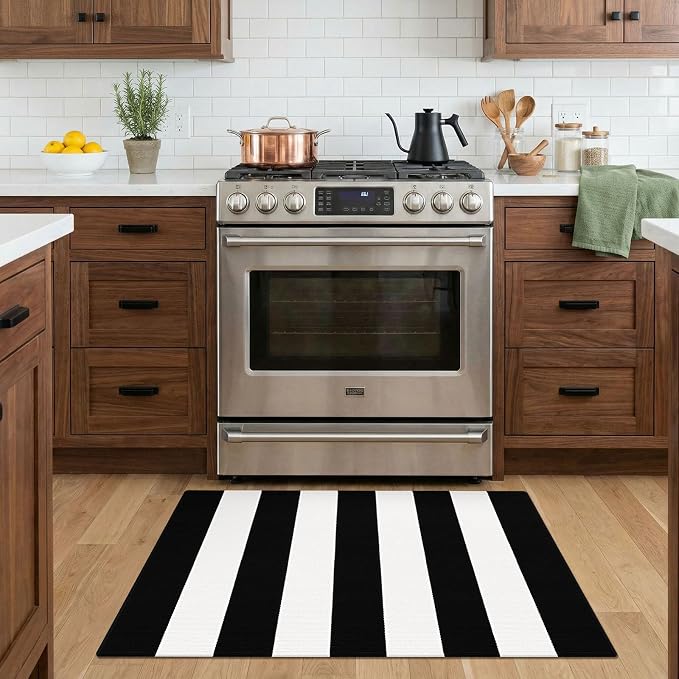 KOZYFLY Black and White Striped Rug 2x3 ft Doormat Cotton Woven Washable Indoor Outdoor Rug Small Front Door Rugs for Entryway Porch Kitchen Patio Decor