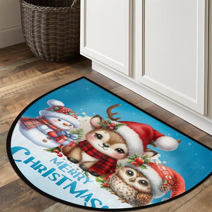 Christmas Xmas Half Round Door Mat Christmas Xmas Animal Snowman Half Moon Rug Washable Half Circle Area Rugs Indoor Entrance Non Slip Semi Circle Rugs Floor Carpet for Kithen Bedroom Decorate Gift