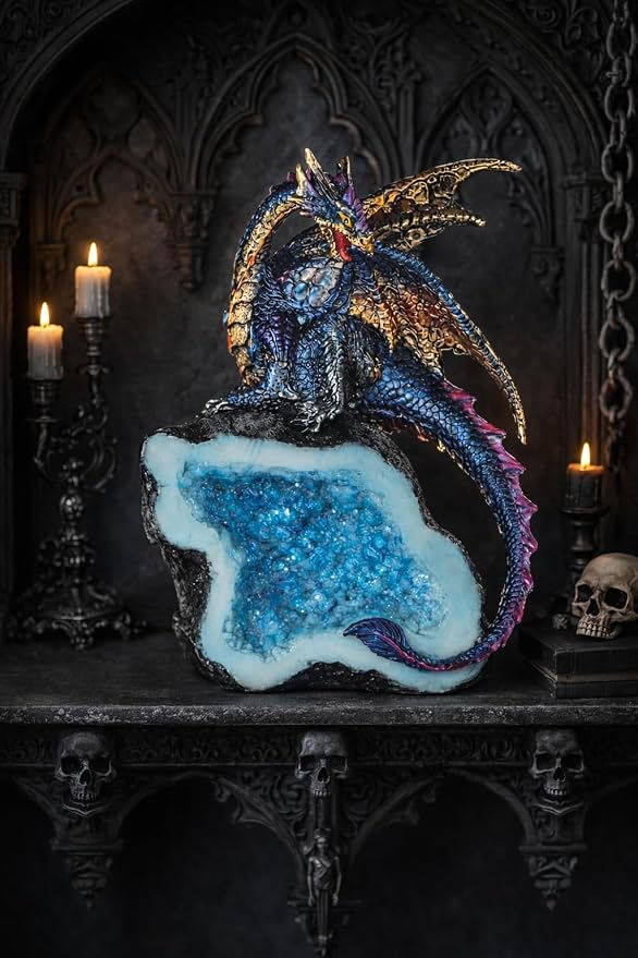 ICE Armor 5.5" H Colorful Dragon Guarding Blue Faux Crystal Cave Statue Fantasy Decoration Figurine