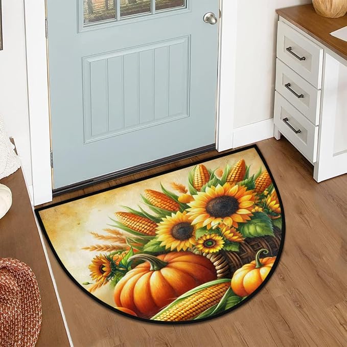 Autumn Pumpkin Half Round Door Mat Semi Moon Rug Fireplace Carpet Area Rugs | Autumn Pumpkin Non Slip Absorbent Half Circle Mat Carpet for Indoor Outdoor Patio Kitchen Bathroom Entryway Home Decor