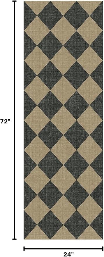 Lessymo Kitchen Runner Rug 2x6, Checkered Jute Rugs Washable Non Slip | for Entryway Hallway, Farmhouse Diamond Bedside Rugs Indoor Outdoor Carpets for Patio Porch, Stain Resistant, Black/Beige