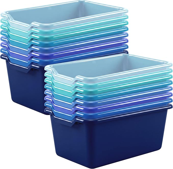 Dandat 32 Pcs Plastic Book Bins for Classroom Library Cubby Bins Scoop Front Stackable Toy Storage Tubs Containers for School Office Home Nursery Playroom Organization (Blue Series)