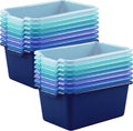 Dandat 32 Pcs Plastic Book Bins for Classroom Library Cubby Bins Scoop Front Stackable Toy Storage Tubs Containers for School Office Home Nursery Playroom Organization (Blue Series)