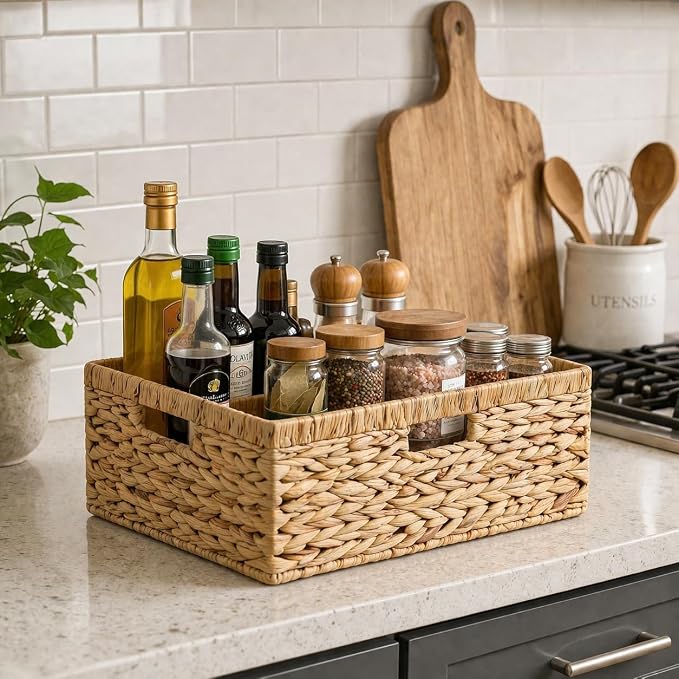 Jumbo Wicker Basket, Rectangular Wicker Baskets for Storage, Water Hyacinth Extra Large Storage Baskets, Shelf Basket with Built-in Handles-1 Pack