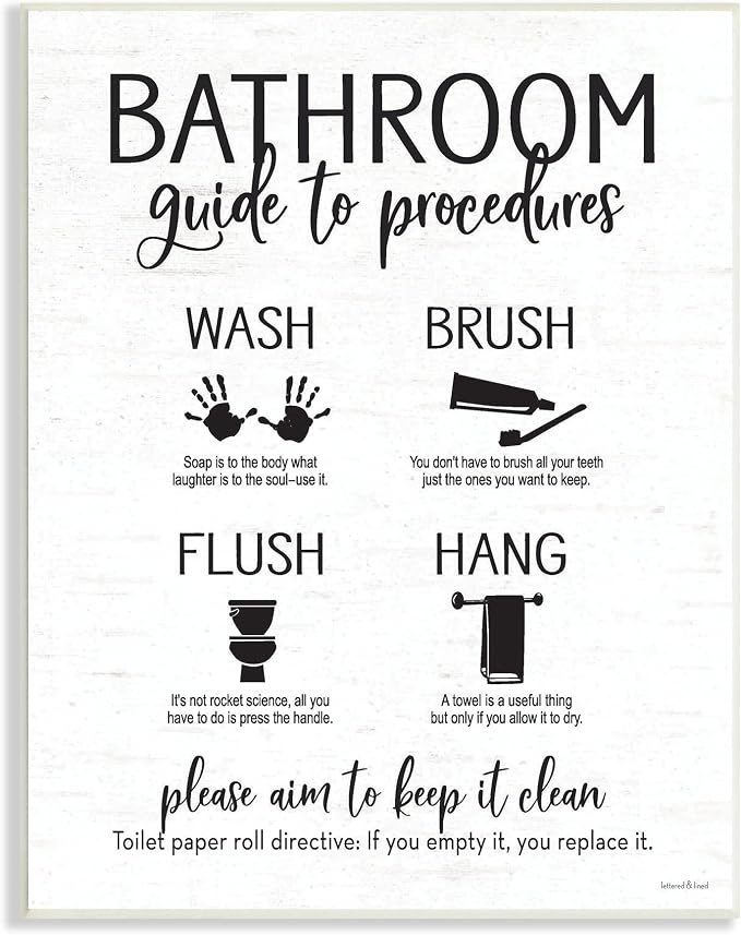 Bathroom Guide Procedures, 10 x 15 Inch Mounted Print on Wall Plaque | Stupell Industries · By Lettered and Lined · Ready to hang · Hand finished · Made in USA