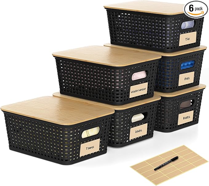 6 Pack Plastic Storage Baskets, Black bamboo lid storage Box | Labels, Stackable, For Organizing Shelves Pantry Drawers Desktop Closets Organizing Desktop Closet Playroom Classroom