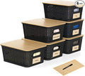 6 Pack Plastic Storage Baskets, Black bamboo lid storage Box | Labels, Stackable, For Organizing Shelves Pantry Drawers Desktop Closets Organizing Desktop Closet Playroom Classroom