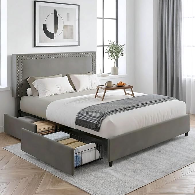 VECELO Queen Size Upholstered Bed Frame with 4 Storage Drawers, Adjustable Velvet Rivet Decor Headboard, Wooden Slats Platform Support, No Box Spring Needed, Easy Assembly,Dark Grey