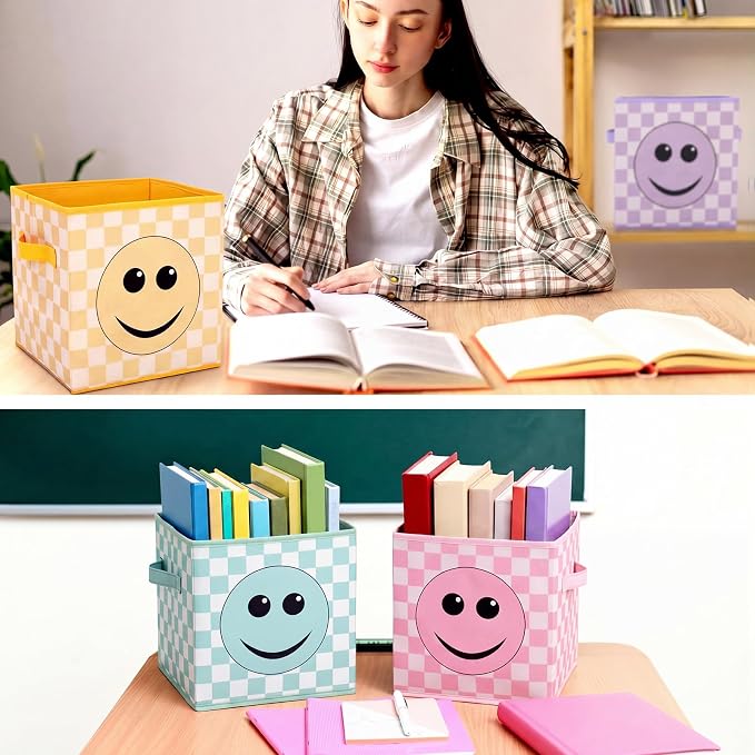 Bokon 6 Pcs 11 Inch Smile Face Classroom Storage Bins Pastel Back to School Classroom Must Have Fabric Foldable Storage Basket with Handles for Daycare Elementary School Shelves Toys Books
