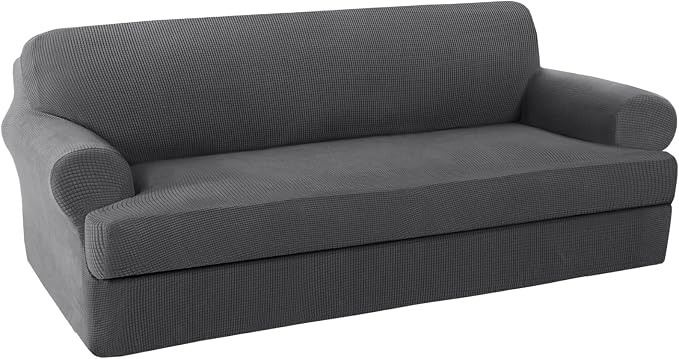 H.VERSAILTEX 2 Pieces Sofa Cover High Stretch Sofa Slipcover Stylish Furniture Cover/Protector Suit for T Cushion/Box Cushion Soft with Elastic Bottom for Kids - Sofa 72"-88" - Charcoal Gray