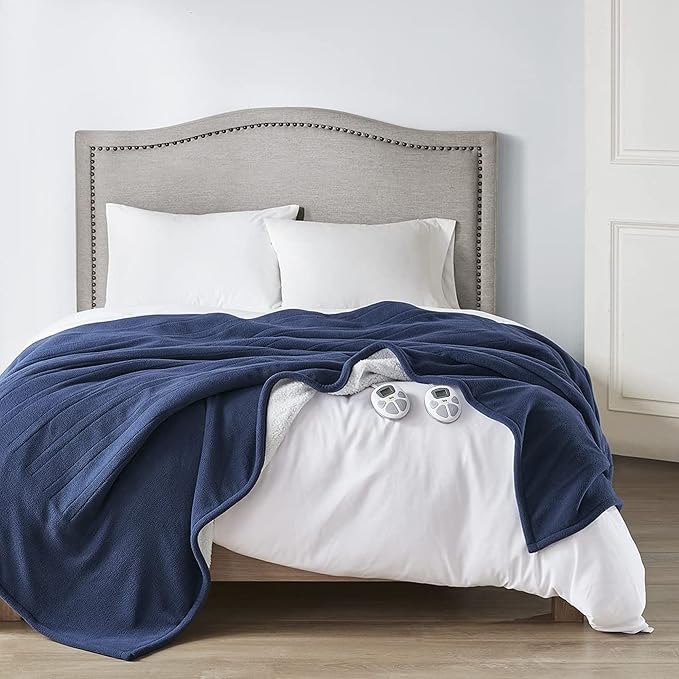 Serta Heated Blanket - Reversible Fleece to Sherpa Electric Blanket, Fast Heating, Auto Shut Off Timer, Multi Heat Setting, ETL Certified, Machine Washable, Blue Queen | Dual-Layer Heated Throw Blanket With 5 Heat Settings & Auto Shut Off, Machine Wash...