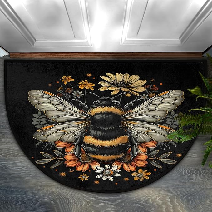 Bee Animals Half Round Door Mat Non Slip Half Circle Rugs | Animals Flowers Washable Half Moon Rug Semi Circle Rugs Indoor Entrance Floor Carpet for Kithen Bedroom Fireplace Decor