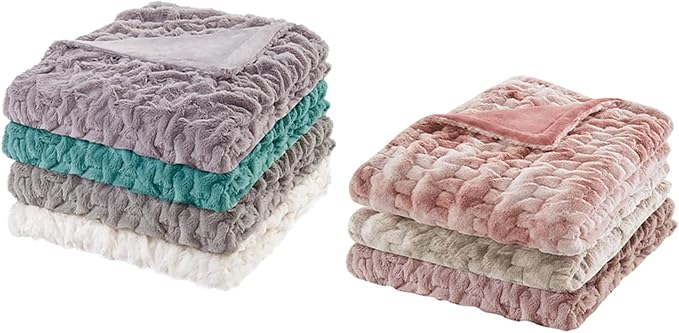 Comfort Spaces Ruched Throw Set Faux Fur Blanket for Sofa, 50 x 60, Grey | Plush, OEKO-TEX Certified