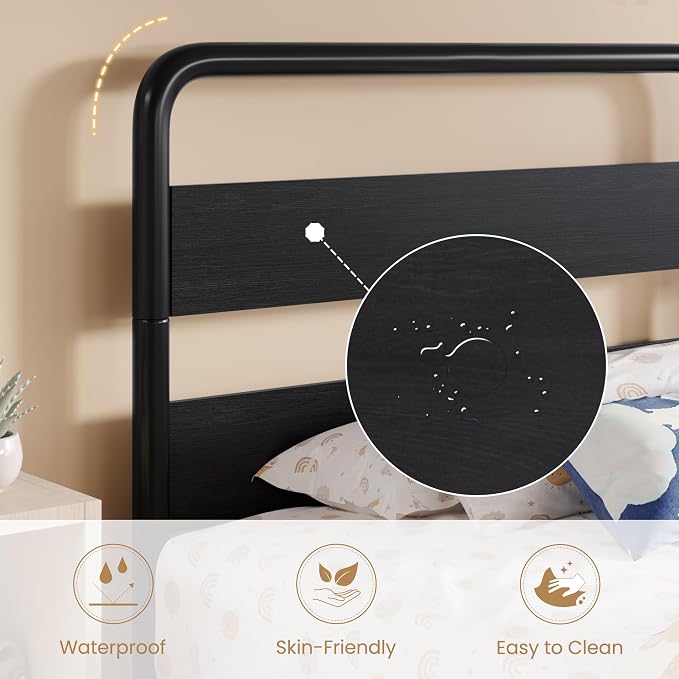 SHA CERLIN Twin Size Metal Bed Frame with Wooden Headboard and Footboard, Heavy Duty Oval-Shaped Platform Bed Frame with 10" Under-Bed Storage, Heavy Duty Slats Support, No Box Spring Needed, Black