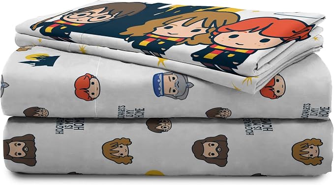 Jay Franco Kids Sheet Cartoon Set with Fitted, Flat Sheets & Pillow Cover - Ultra-Soft Bedding with Pillowcase for Room Decor, Grey - Harry Potter, 4 Piece Full