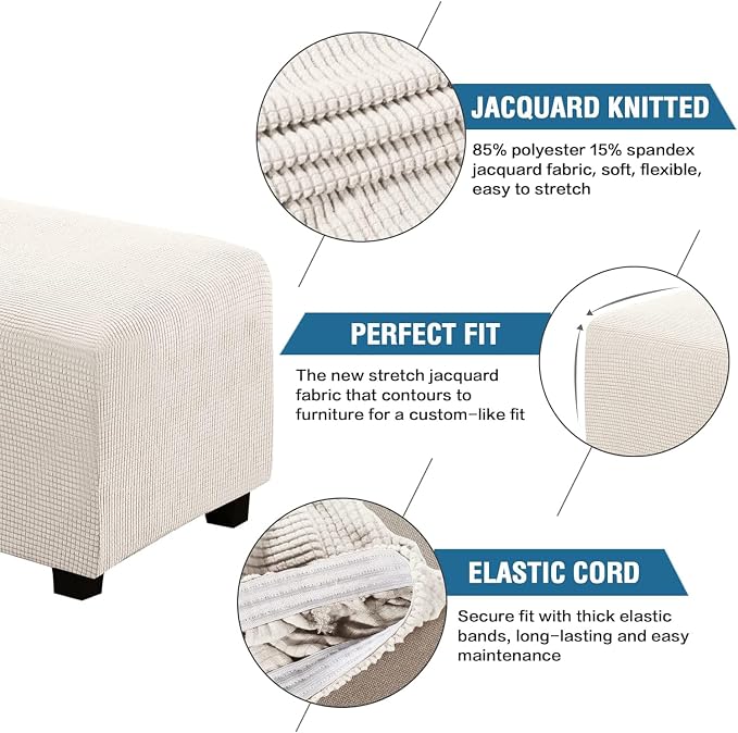 H.VERSAILTEX Ottoman Cover Slipcover Rectangle Fit Length 33"-38" Footrest Sofa Slipcovers Stool Cover Footstool Protector Covers Feature Stretch Thick Soft Jacquard Fabric Removable Washable - Ivory