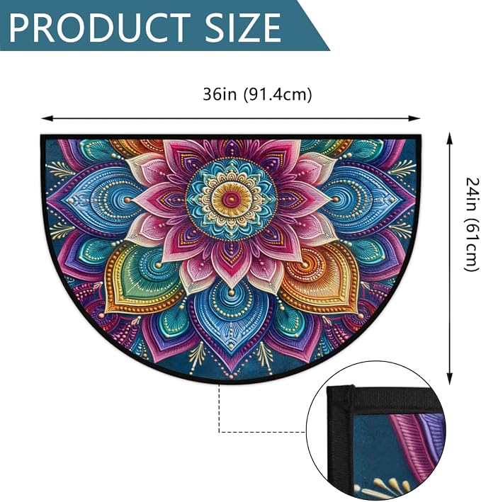Flower Half Round Door Mat Semi Circle Rug Half Moon Doormat | Soft Washable Colorful Mandala Welcome Entrance Mat for Outdoor Indoor Floor Bedroom Bathroom Home Kitchen Festival Decor