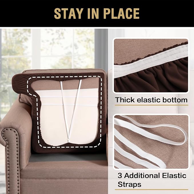 H.VERSAILTEX Stretch Velvet 3 Piece T Cushion Sofa Slipcovers - Individually Fitting Cushion Covers for 3 Cushion Couch - Stay in Place (Brown)