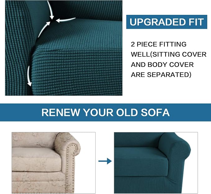H.VERSAILTEX Loveseat Slipcover 2 Piece Stretch Loveseat Cover Couch Cover|Sofa Cover Suit for T Cushion/Box Cushion, Feature Small Checked Jacquard (58"-70", Deep Teal)