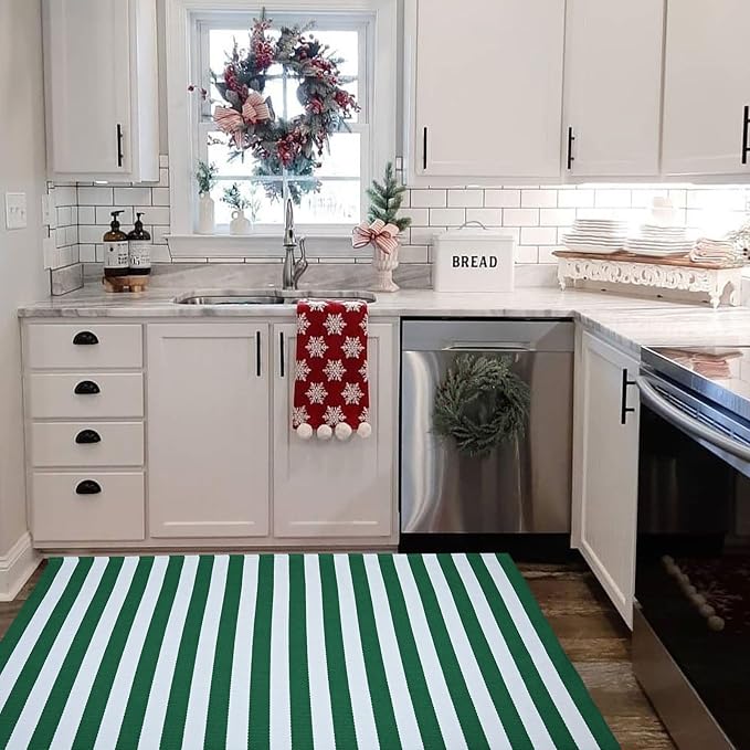 St. Patrick's Day Striped Outdoor Rug Green and White Spring Door Mat 3' x 5' Layered Welcome Mat for Farmhouse Spring Easter Front Porch Entryway Decor