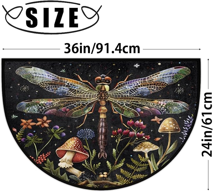 Half Round Doormat Animal Dragonfly Flower Non Slip Half Circle Area Rugs Indoor Washable Half Moon Rug Semi Circle Bathroom Runner Mat Entrance Floor Carpet for Kithen Bedroom Fireplace Decor