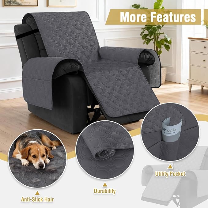 H.VERSAILTEX 100% Waterproof Recliner Chair Covers, Recliner Covers Non-Slip Stay in Place, Thick Cover for Recliner Chair with Pocket, Dog Couch Cover Protector Washable(Grey, 23")