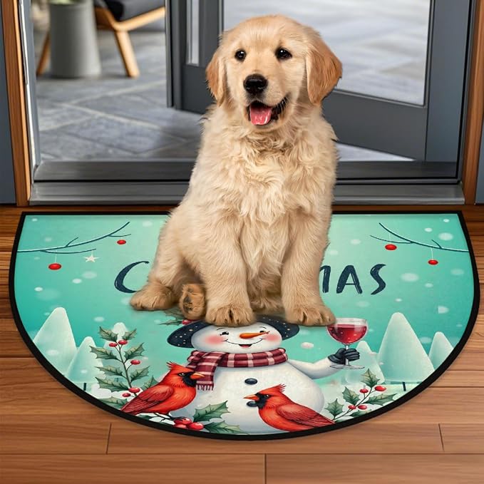 Snowman Half Round Door Mat Semi Moon Rug Fireplace Carpet Area Rugs | Christmas Snowman Non Slip Absorbent Half Circle Mat Carpet for Indoor Outdoor Patio Kitchen Bathroom Entryway Home Decor